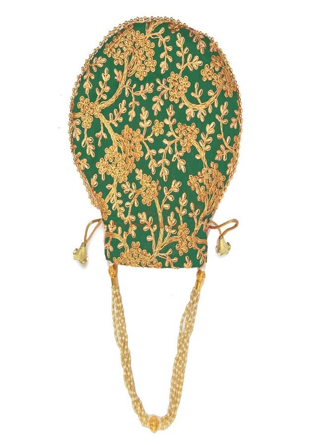 KYZZO Rajasthani Style Royal Clutch Silk Batwa Bag Wristlets Ethnic Potli For Women's Zari Work Potli Bridal Potli, Green - Image 2